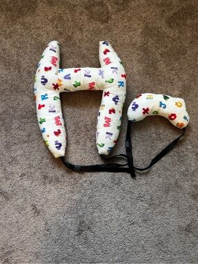 2pc Baby Car Seat Head/ Body Support Pillow Set, Adjustable Strap, Alphabet NWOT